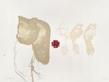 a drawing of a woman ' s face and foot prints on the wall