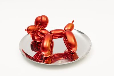un chien en ballon rouge posé sur une assiette, sur une surface blanche