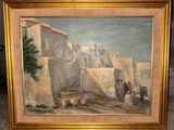 une peinture à l'huile représentant une scène de village, dans un cadre doré