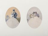 two oval paintings of a man and a woman on a snowy hill
