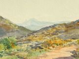 a watercolor painting of a dirt road with mountains in the background