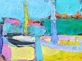 a painting of a boat on the water in the ocean