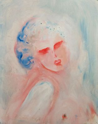 an image of a painting of a woman with blue hair