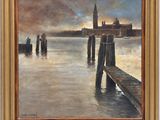 an oil painting of a pier with a clock tower in the background