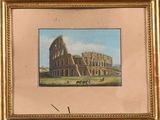 an old picture of a painting of a building with a horse in the foreground