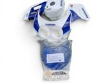 the back of a blue and white motorcycle with a blue and white helmet