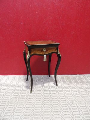 dollhouse miniature table with drawer and drawer on top of it