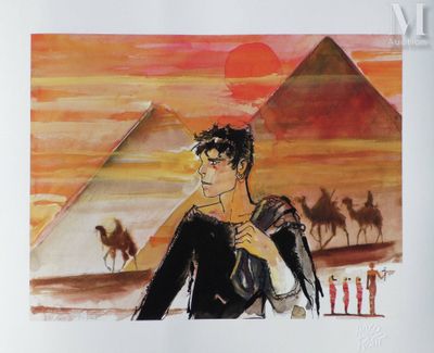 tableau représentant un homme debout devant une pyramide, avec des chameaux en arrière-plan