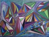 painting of a colorful abstract painting of a boat in a body of water