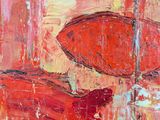 a painting of two red fish on a red background