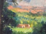 an oil painting of a field with trees and a house in the distance