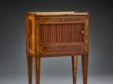 an image of a small wooden table with a drawer on it