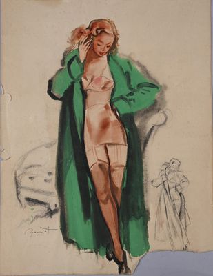 tableau représentant une femme vêtue d'un manteau vert et de bas