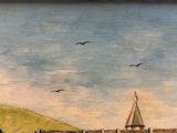une peinture représentant un bateau sur l'eau avec des oiseaux qui volent au-dessus