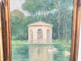 an oil painting of a house on a lake with a swan in the water