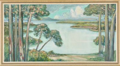 une peinture à l'huile représentant un lac entouré d'arbres et d'herbe