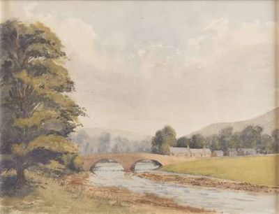 an image of a painting of a bridge over a river