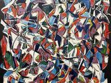 une peinture représentant un grand ensemble de formes abstraites sur fond noir