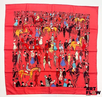 foulard en soie rouge orné d'une illustration représentant une foule de personnes et de chevaux