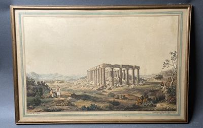 tableau représentant la vue d'un temple romain dans un paysage montagneux