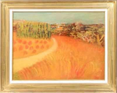 an oil painting of a field with a path in the middle of it