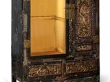 an old cabinet with a glass door and a shelf