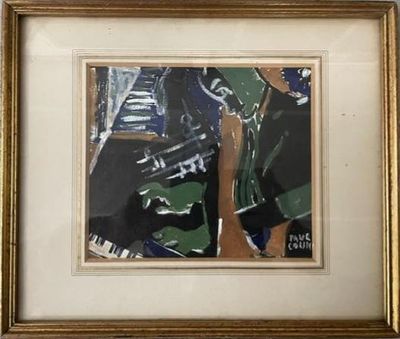 tableau représentant un homme jouant du piano devant un paysage urbain