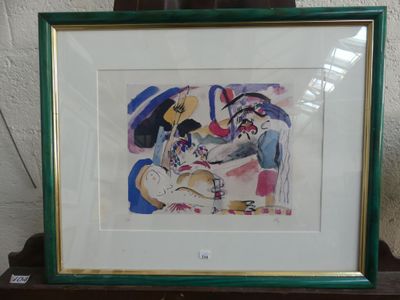 tableau représentant une femme et un enfant, dans un cadre vert, posé sur une table