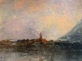 an image of a painting of a mountain and a body of water