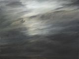 une peinture à l'huile représentant un paysage en noir et blanc avec un ciel sombre