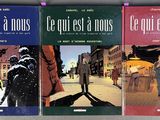 three books on a table with a picture of a woman walking down the street