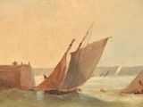 painting of a group of sailboats in the water near a wall