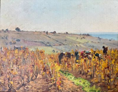 a painting of horses in a vineyard with a view of the ocean in the background