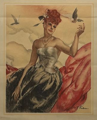 painting of a woman in a dress holding a bird in her hand