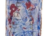 un tableau représentant un vase orné d'un motif rouge et bleu