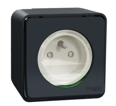 une image montrant un gros plan d'une prise électrique noire sur fond blanc