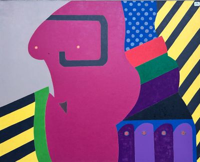 brightly colored abstract painting of a man with a hat and tie