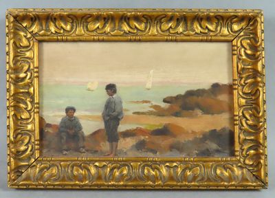 une image représentant un tableau où l'on voit deux hommes sur la plage