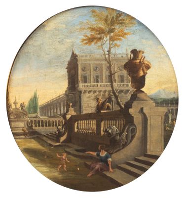 an image of a painting of a woman and a dog on a bridge