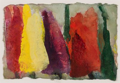 a painting of a group of trees with red, yellow, and green leaves