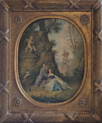 un vieux tableau représentant un couple dans un décor boisé
