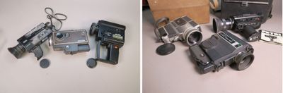 two pictures of a couple of old cameras on a table