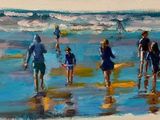 painting of a group of people walking on a beach with surfboards