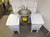 un lavabo et deux poubelles dans des toilettes publiques