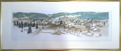 tableau représentant un village sous la neige, avec des arbres et des montagnes en arrière-plan