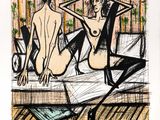 dessin représentant une femme assise sur un lit, à côté d'un homme assis sur une chaise