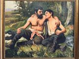 un tableau représentant deux hommes assis l'un à côté de l'autre
