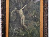 une peinture à l'huile représentant un homme nu dans un décor boisé