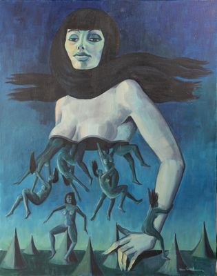 an oil painting of a woman with many hands on her head