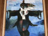 une peinture à l'huile représentant un homme en costume-cravate tenant un parapluie
